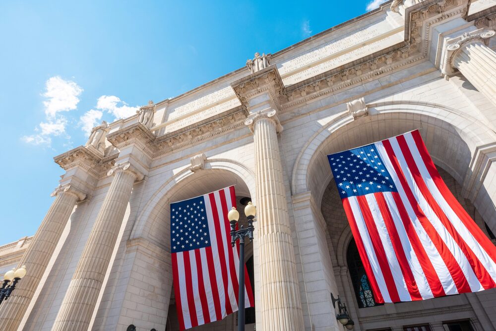American flags on the facade of Union Station, Washington DC