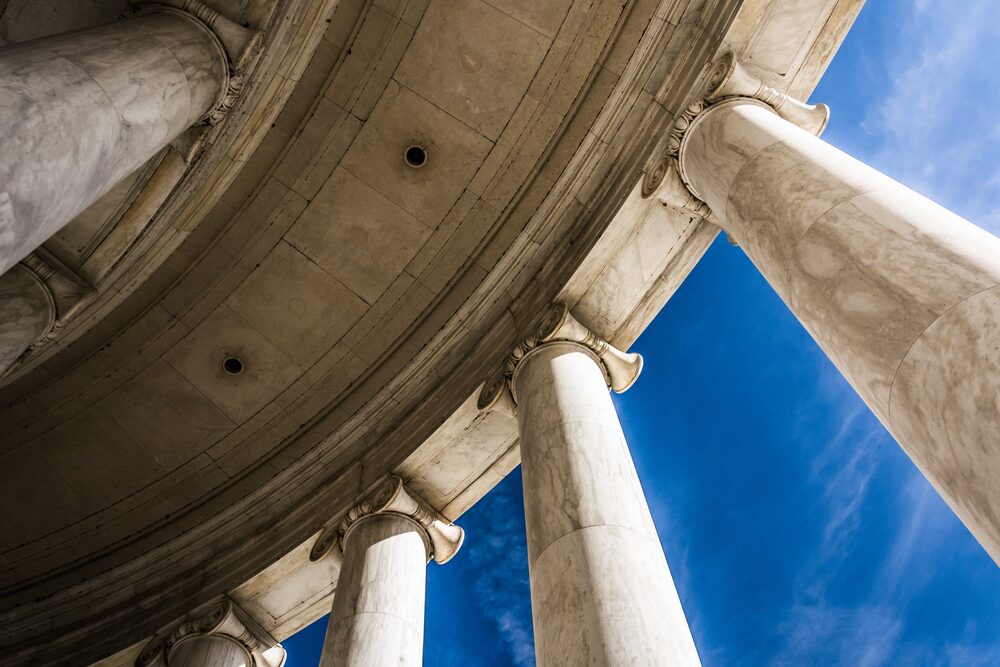 Looking up at the columns of the Thomas Jefferson Memorial, Washington DC